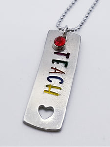 Pewter Bar with Heart Cut Out Necklace - TEACH