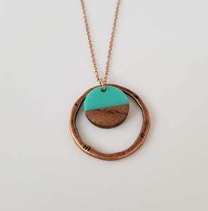 Resin & Wood Turquoise Disk Drop Necklace