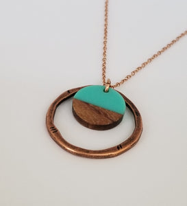 Resin & Wood Turquoise Disk Drop Necklace