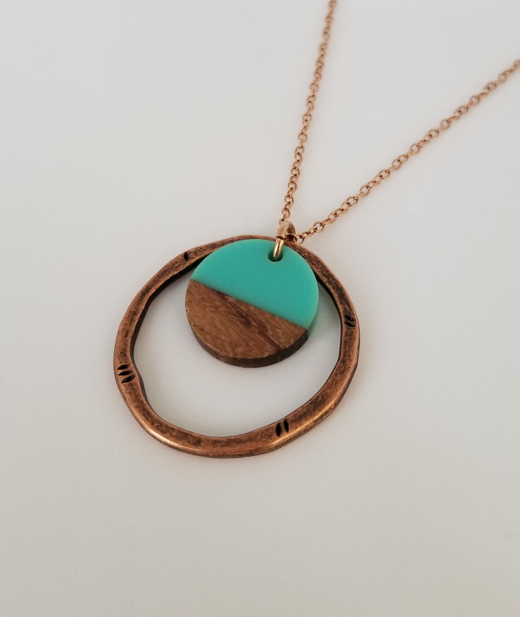 Resin & Wood Turquoise Disk Drop Necklace