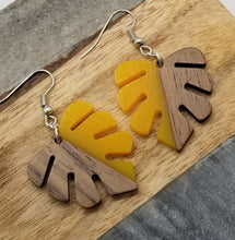 Load image into Gallery viewer, Resin &amp; Wood Monstera Leaf Drop Earrings
