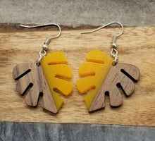 Load image into Gallery viewer, Resin &amp; Wood Monstera Leaf Drop Earrings
