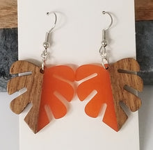 Load image into Gallery viewer, Resin &amp; Wood Monstera Leaf Drop Earrings
