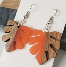 Load image into Gallery viewer, Resin &amp; Wood Monstera Leaf Drop Earrings
