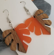 Load image into Gallery viewer, Resin &amp; Wood Monstera Leaf Drop Earrings
