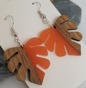 Resin & Wood Monstera Leaf Drop Earrings