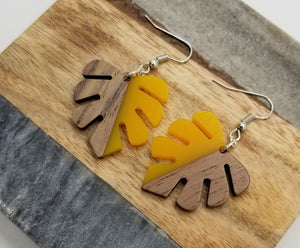 Resin & Wood Monstera Leaf Drop Earrings