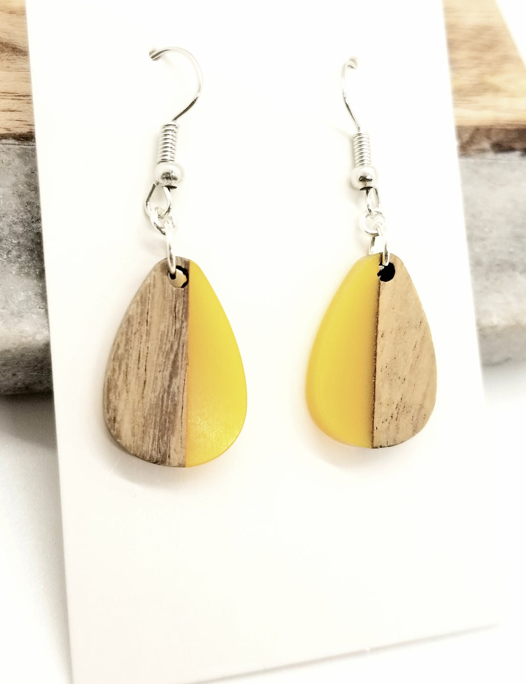 Resin & Wood Yellow Petite Teardrop Earrings