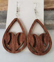 Load image into Gallery viewer, Wood Baseball Heart Teardrop Earrings
