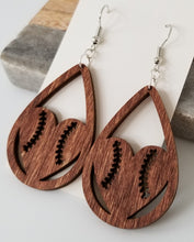 Load image into Gallery viewer, Wood Baseball Heart Teardrop Earrings
