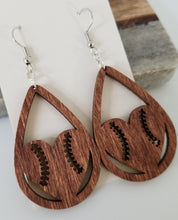 Load image into Gallery viewer, Wood Baseball Heart Teardrop Earrings
